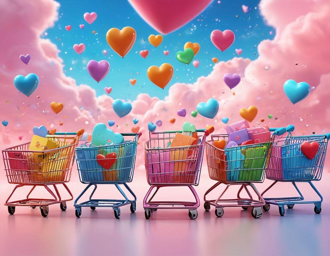 A whimsical depiction of a vibrant online shopping experience featuring a diverse group of joyful shoppers exploring colorful digital storefronts, surrounded by floating icons of shopping carts and hearts. Include a dreamy background with soft pastel clouds and sparkles to evoke a sense of bliss. super-realistic. vibrant colors. 3D.