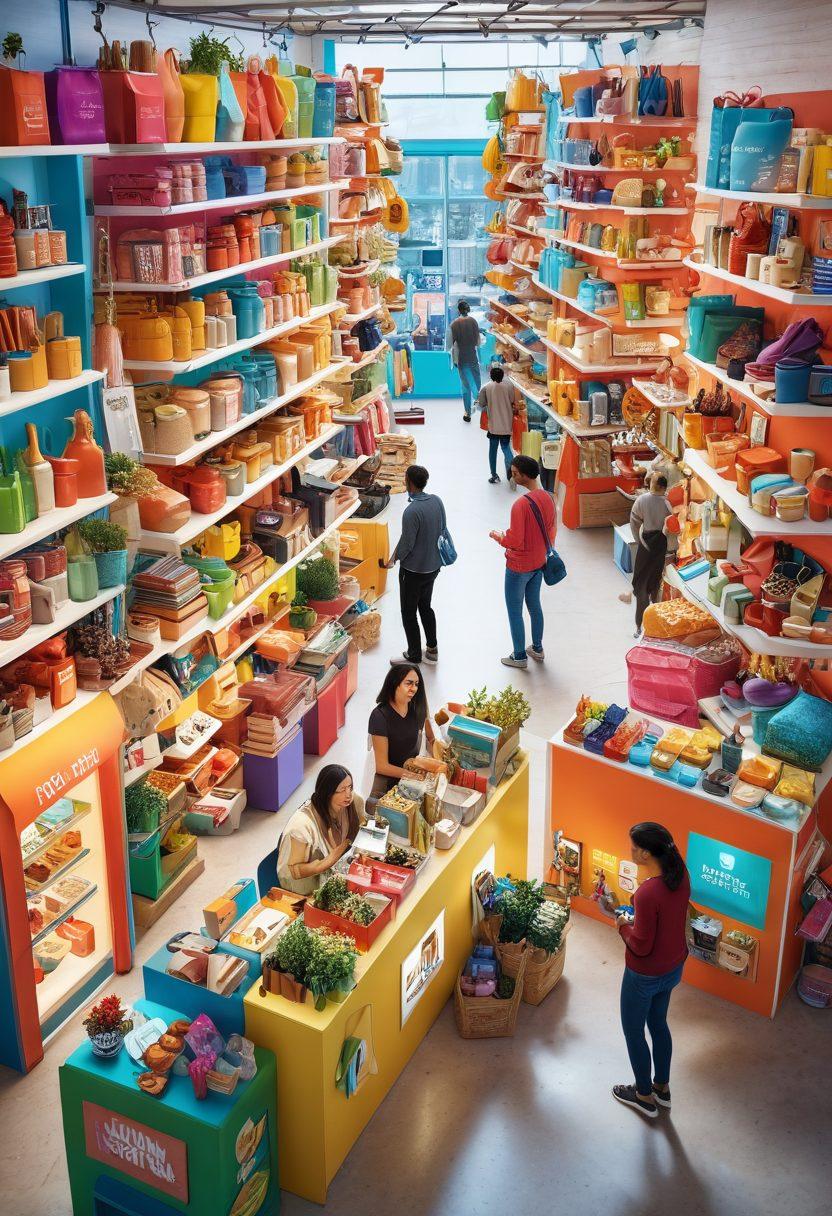 A vibrant online marketplace scene showcasing diverse shoppers joyfully exploring various colorful stalls filled with unique products. Include elements like a cheerful seller engaging with customers, a digital interface displaying trending items, and hints of technology like a virtual reality shopping experience in the corner. Bright, inviting colors with an emphasis on community and interaction. super-realistic. vibrant colors. 3D.
