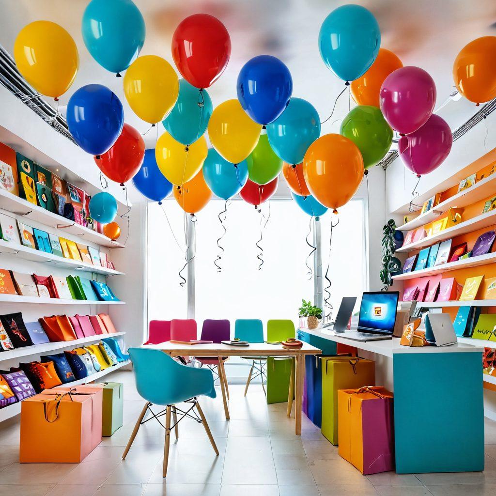 A vibrant and inviting online retail space, filled with cheerful elements like colorful merchandise, happy customers interacting with their shopping experience, and playful design motifs like balloons and smiling faces. The layout is bright and spacious, exuding warmth and positivity, suggesting an enjoyable shopping journey. Include elements that represent technology and online shopping, like laptops or smartphones, seamlessly blended into the cheerful environment. super-realistic. vibrant colors. white background.